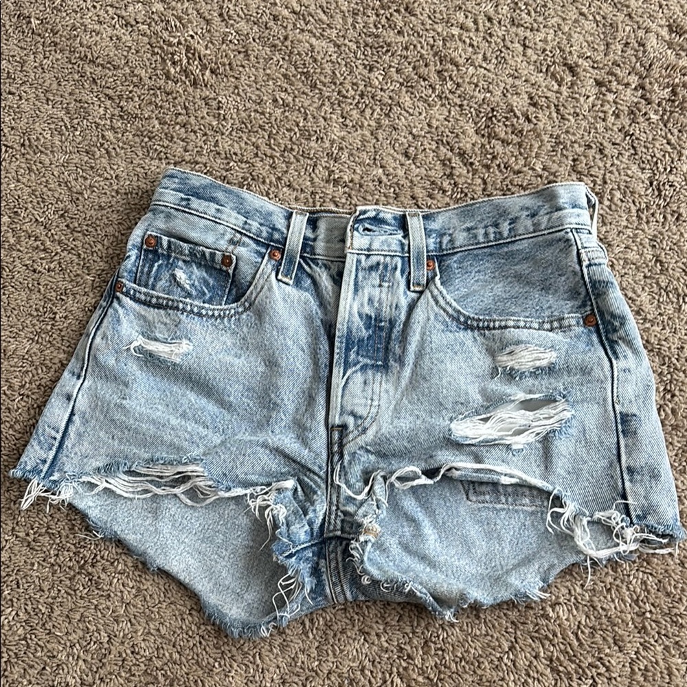 Levi's 501 Blue Distressed Jean Shorts with Raw Hem